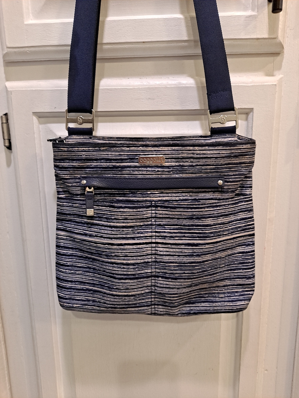 Baggallini Classic Travel Collection Navy Gray Cream Striped Crossbody Bag